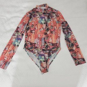Japanese Anime-Manga Graphic Print Mock Neck Bodysuit Onesie- Size Small
